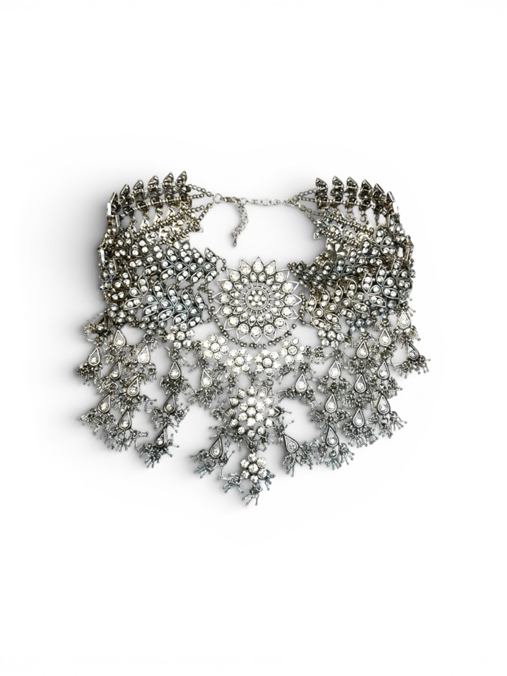 Silver Tone Statement Necklace with Clear Crystals Large Bib Collar